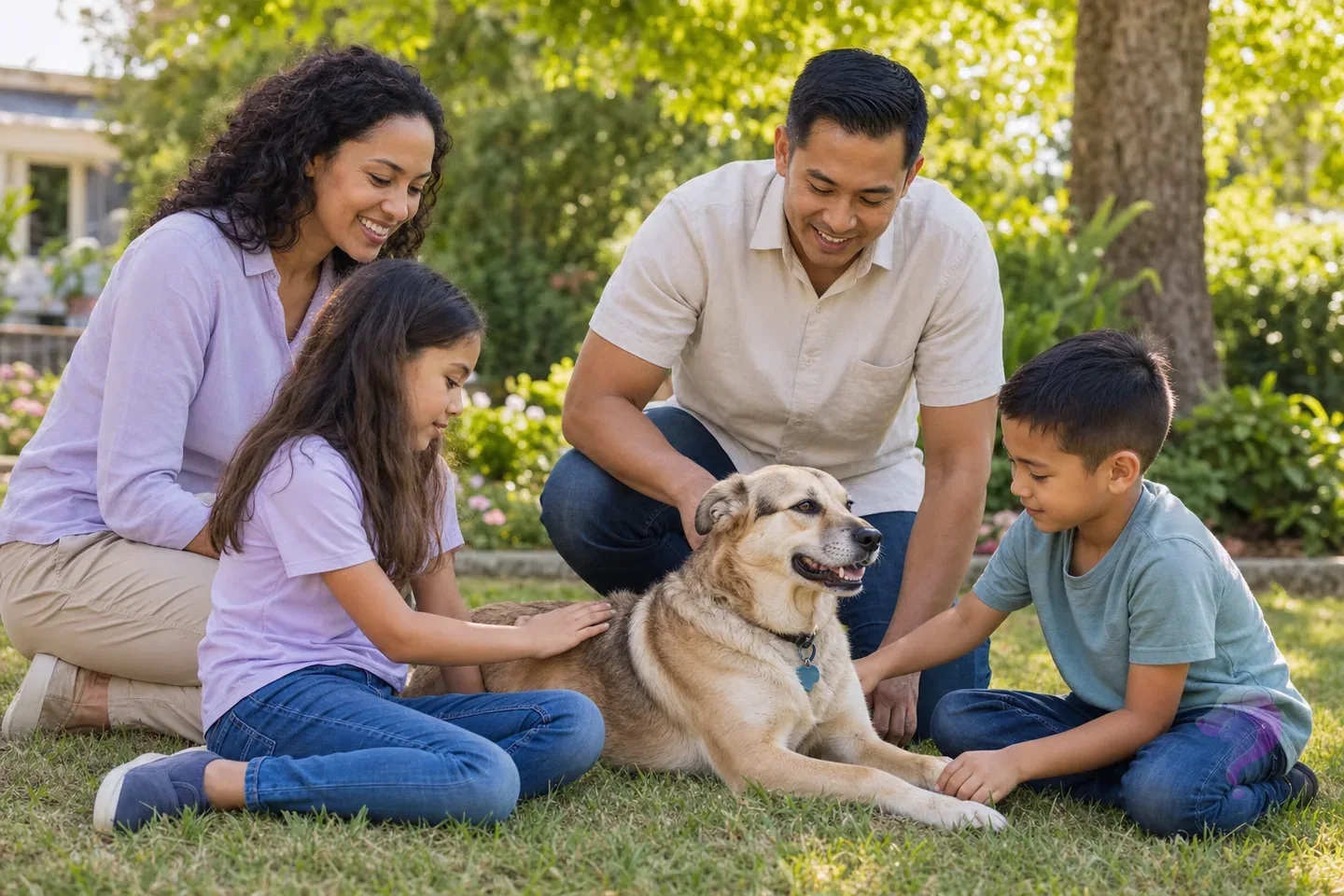 Parents supervising two children as they calmly spend time with a relaxed family dog outdoors