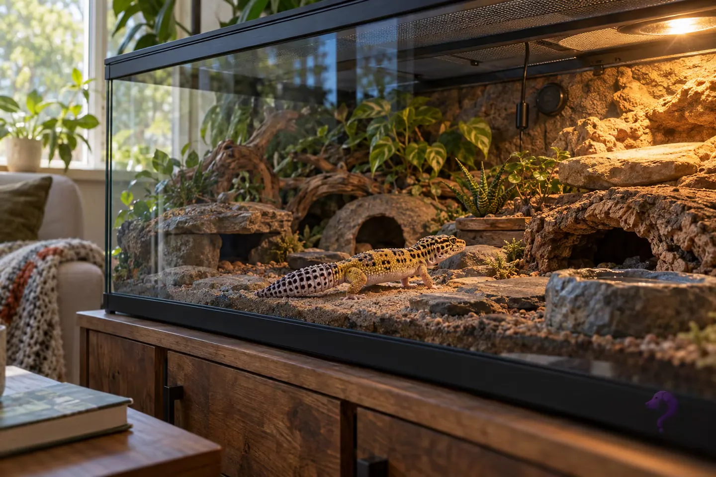 A leopard gecko explores a spacious naturalistic vivarium in a lived-in home