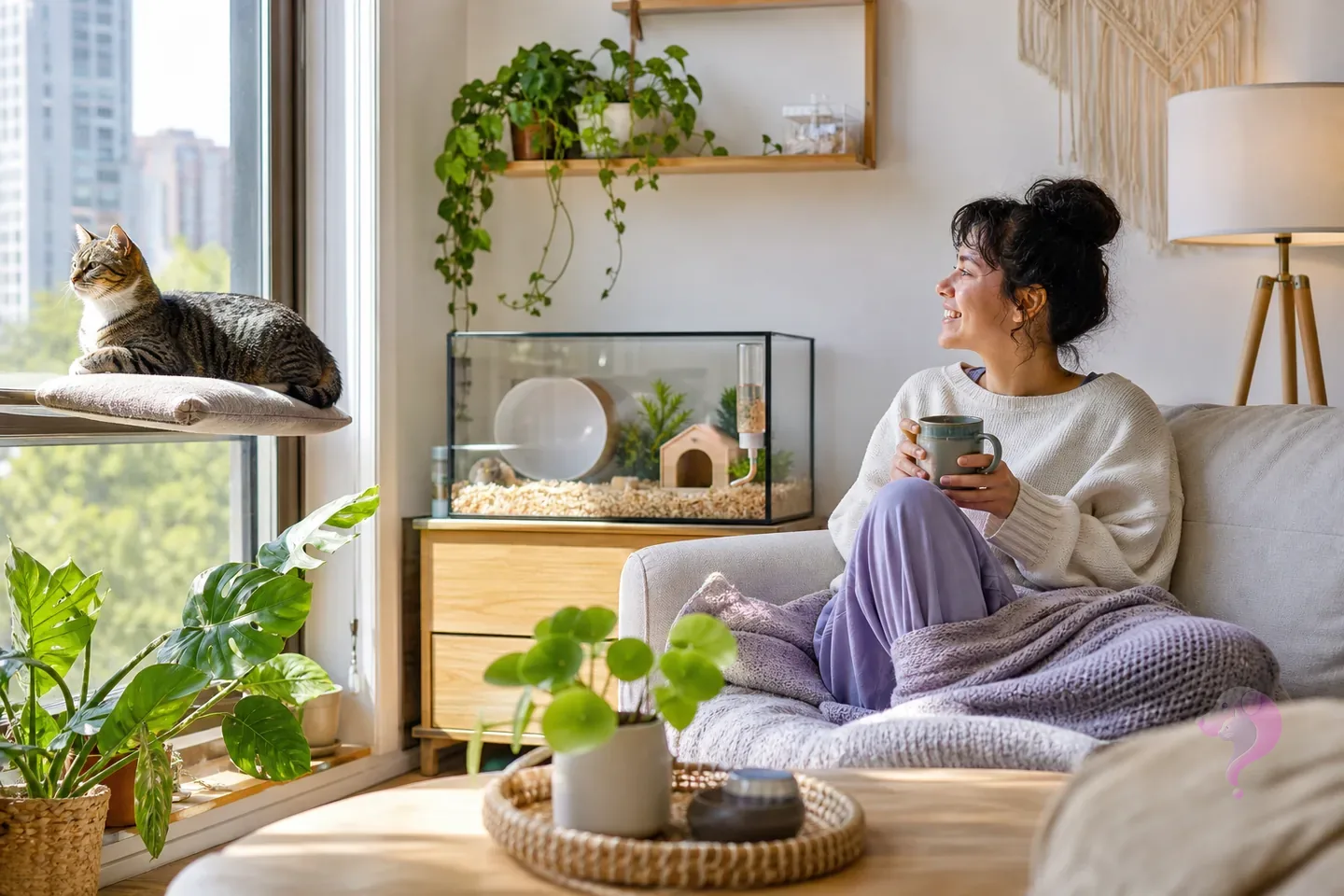 A woman relaxing with a cat and an enriched small-pet habitat in a bright apartment