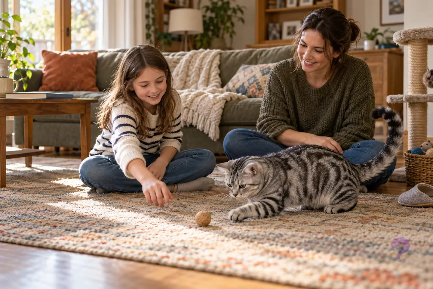A child rolls a cork ball towards an adult silver tabby cat while a parent supervises in a lived-in family room