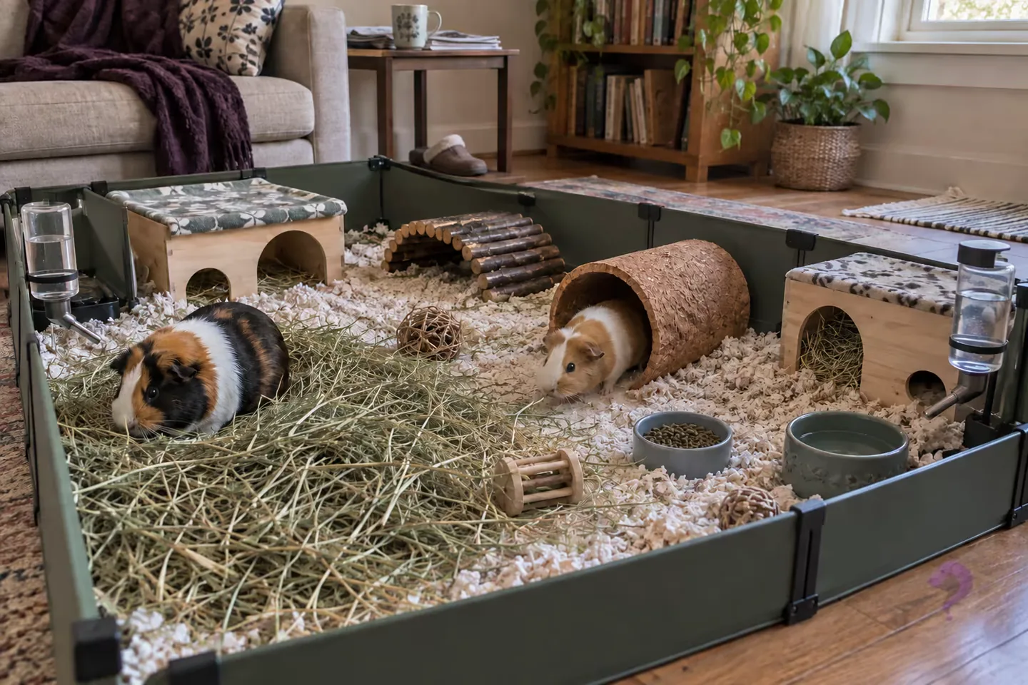 Two guinea pigs forage in a spacious enriched floor enclosure in a lived-in apartment