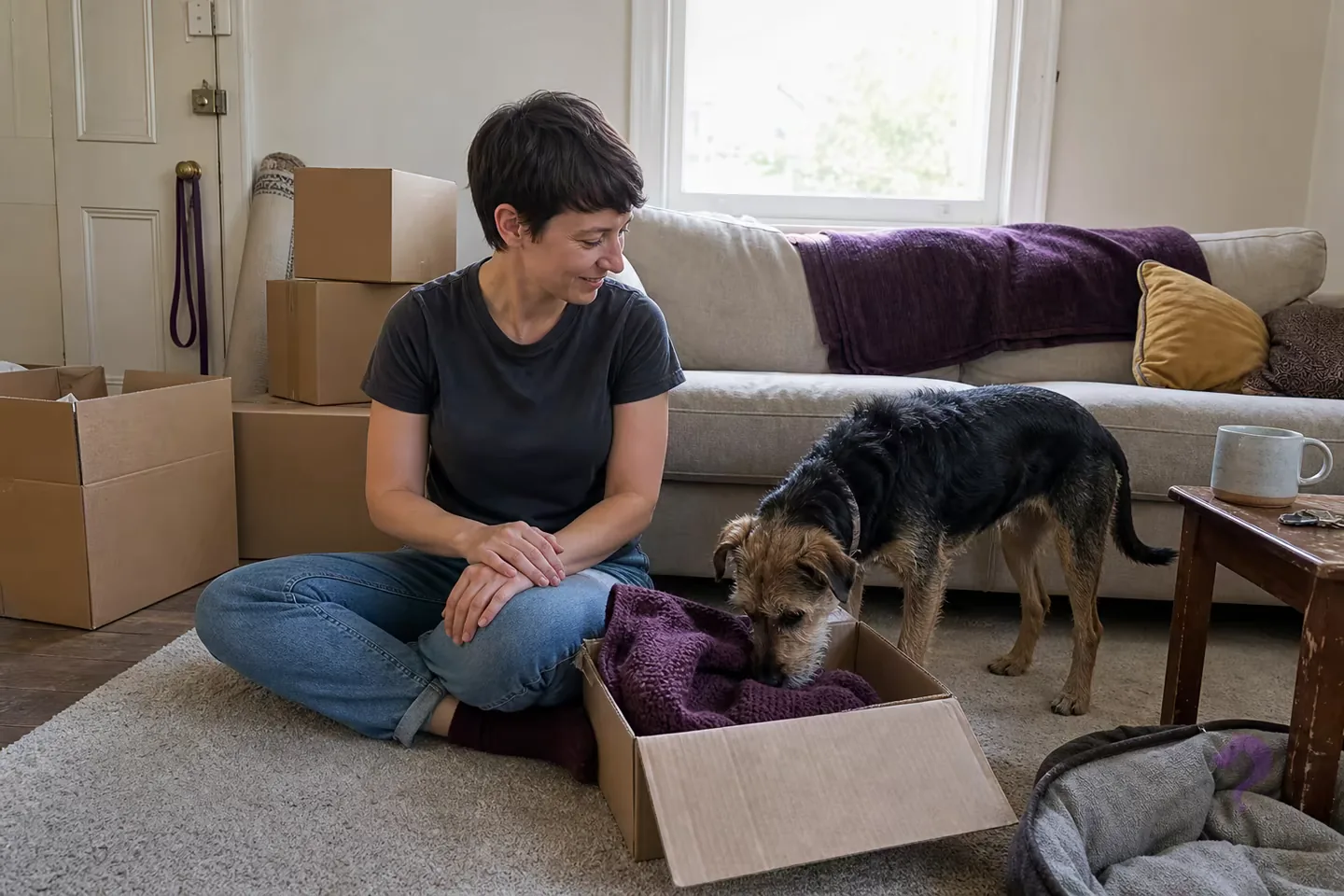 A renter sits beside moving boxes while a dog sniffs a familiar blanket in a modest apartment
