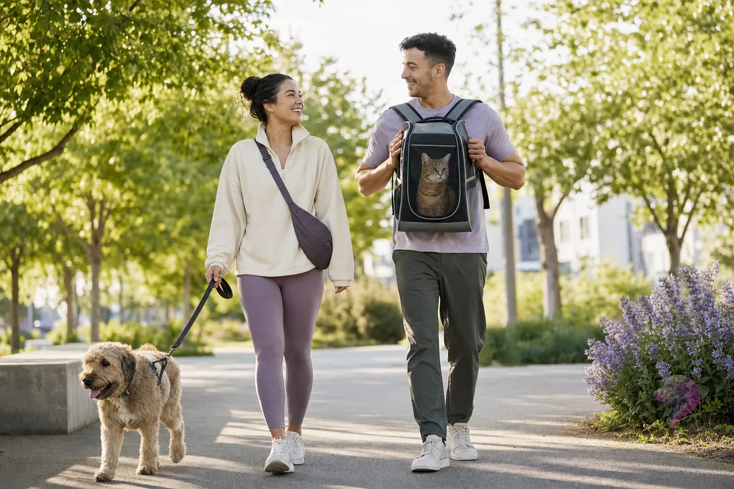 Two friends walking through a sunny park with a leashed dog and a cat in a secure carrier
