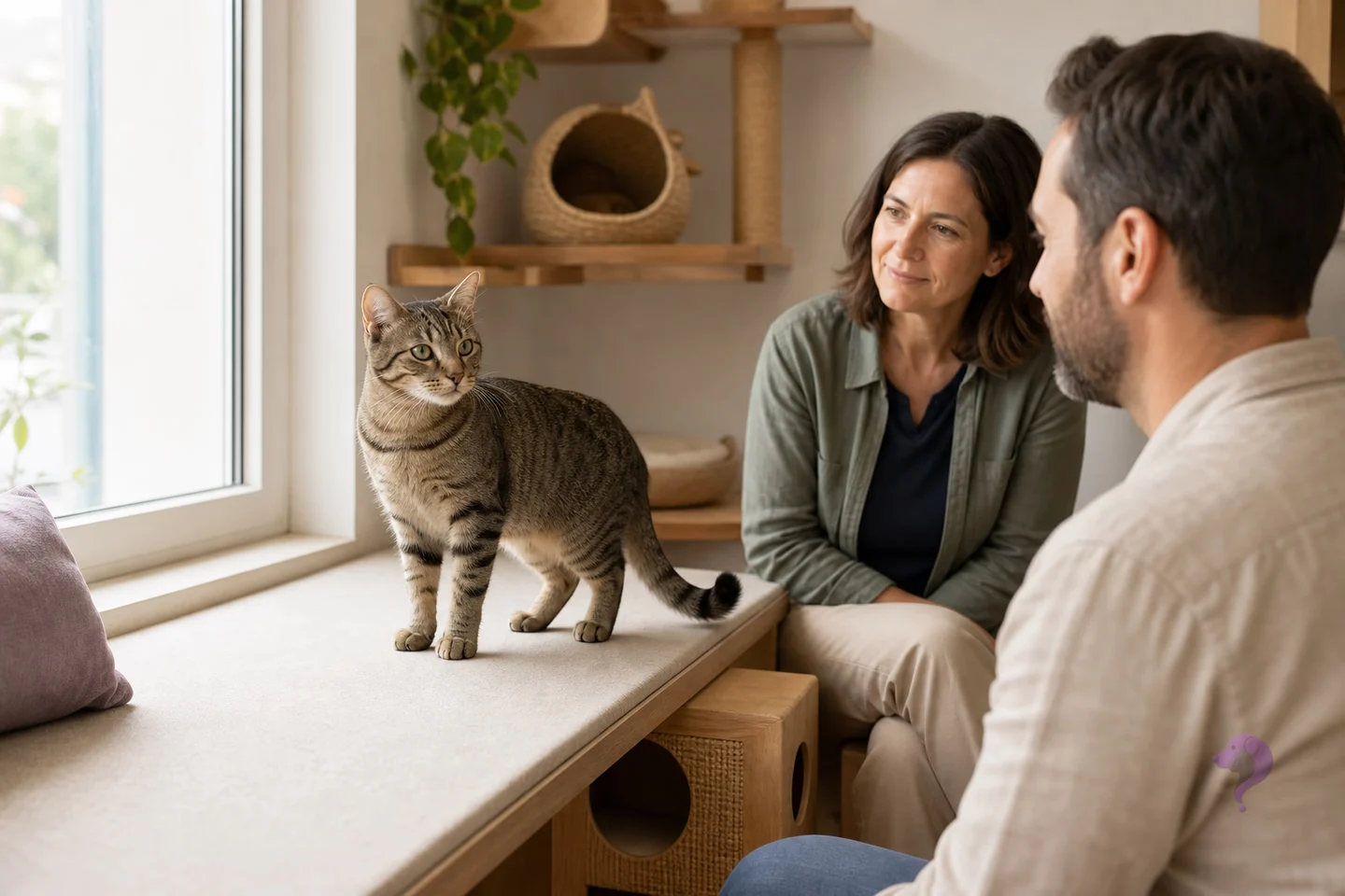 A prospective adopter and rescue adviser calmly observing a tabby cat in a bright shelter meeting room