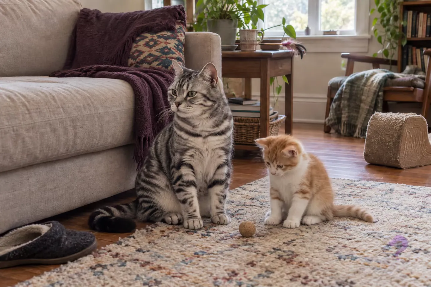 An adult silver tabby cat and a much smaller ginger kitten sit side by side on a rug in a lived-in home