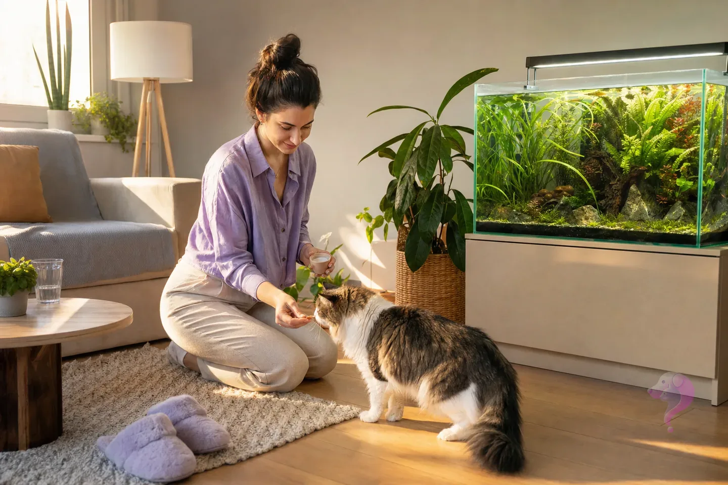 A woman caring for her cat beside a planted aquarium in a warm sunlit home
