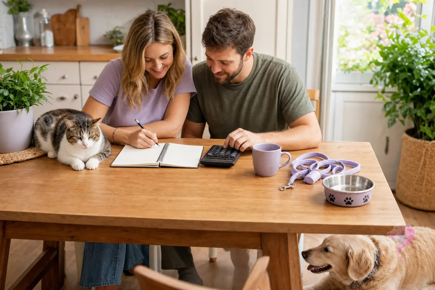 A couple planning a pet budget at a kitchen table with their cat and dog nearby