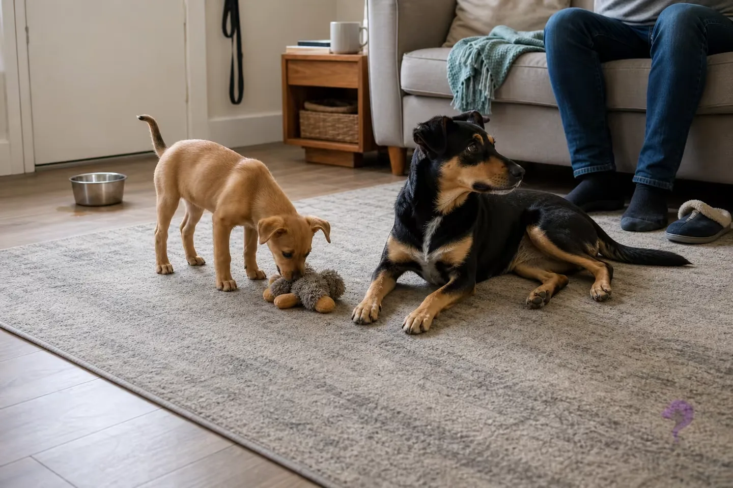 A curious tan puppy sniffing a toy beside a relaxed adult black-and-tan dog in a lived-in family room