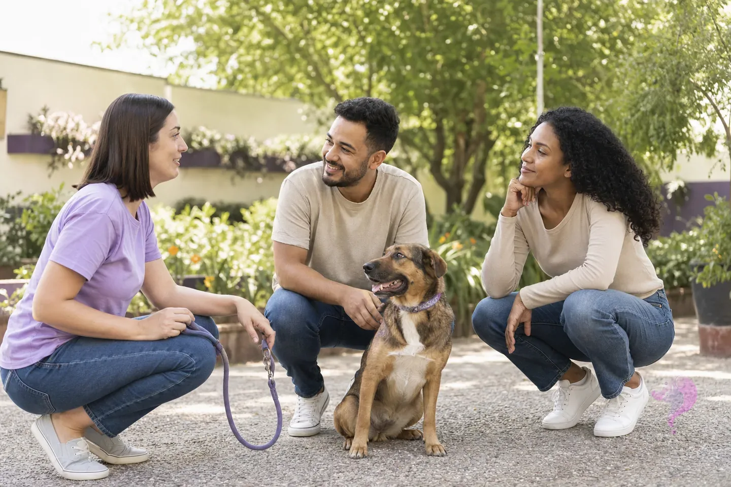 A couple asking an animal shelter adviser questions while calmly meeting a rescue dog outdoors