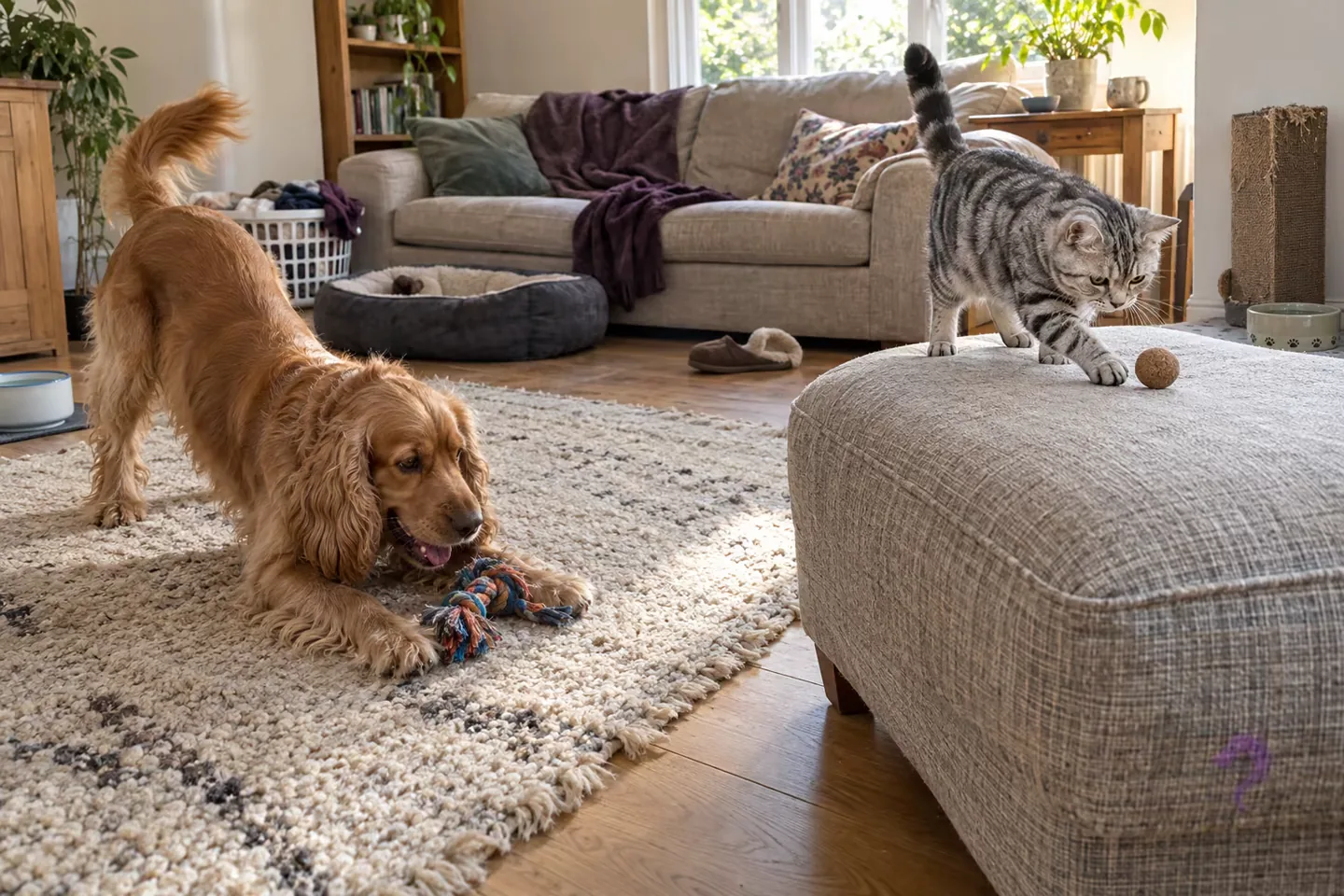 A cocker spaniel plays with a rope toy while an American Shorthair cat bats a ball from a nearby ottoman