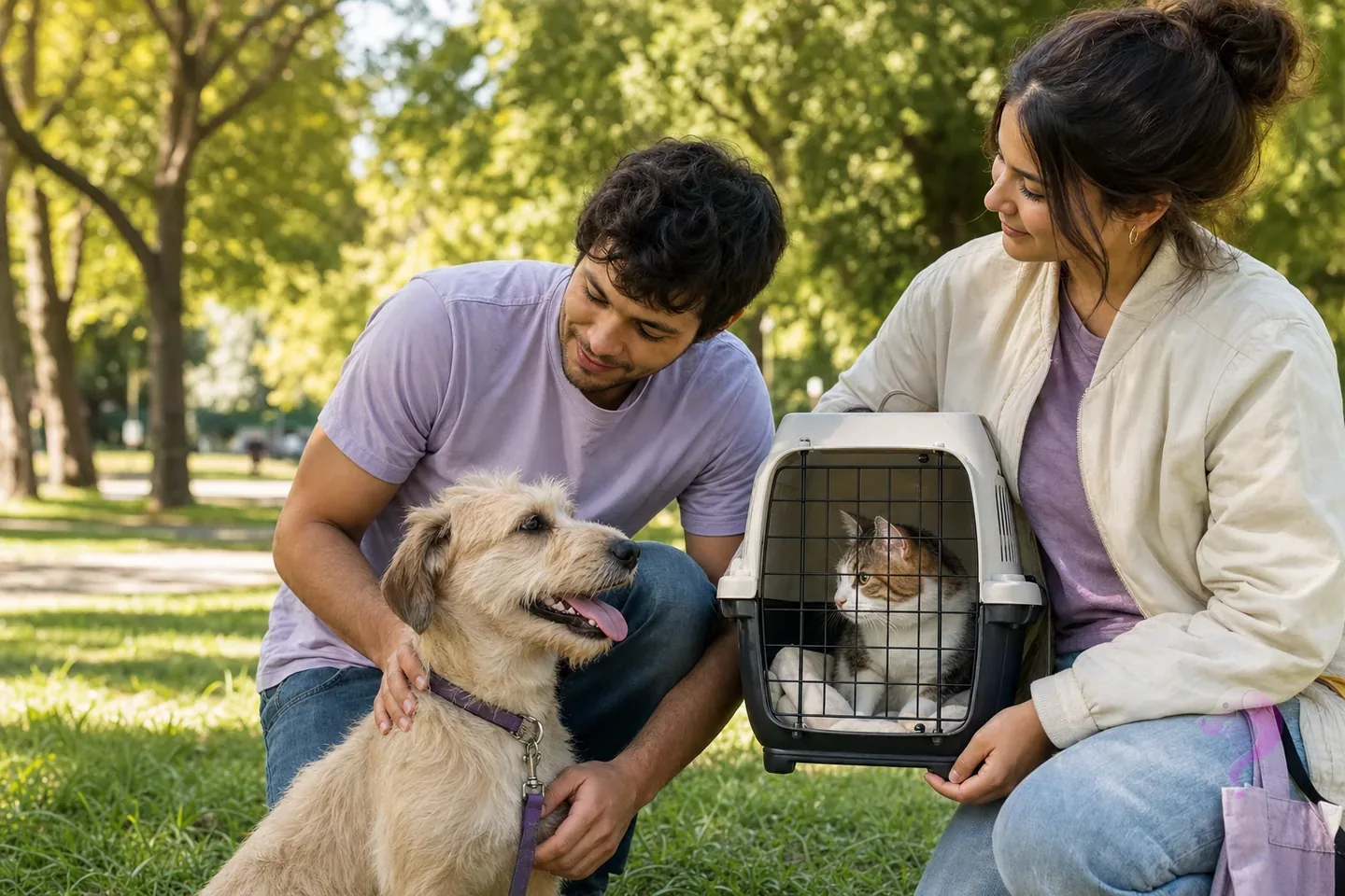 A couple spending time with a relaxed dog and a cat in a secure carrier in a sunny park