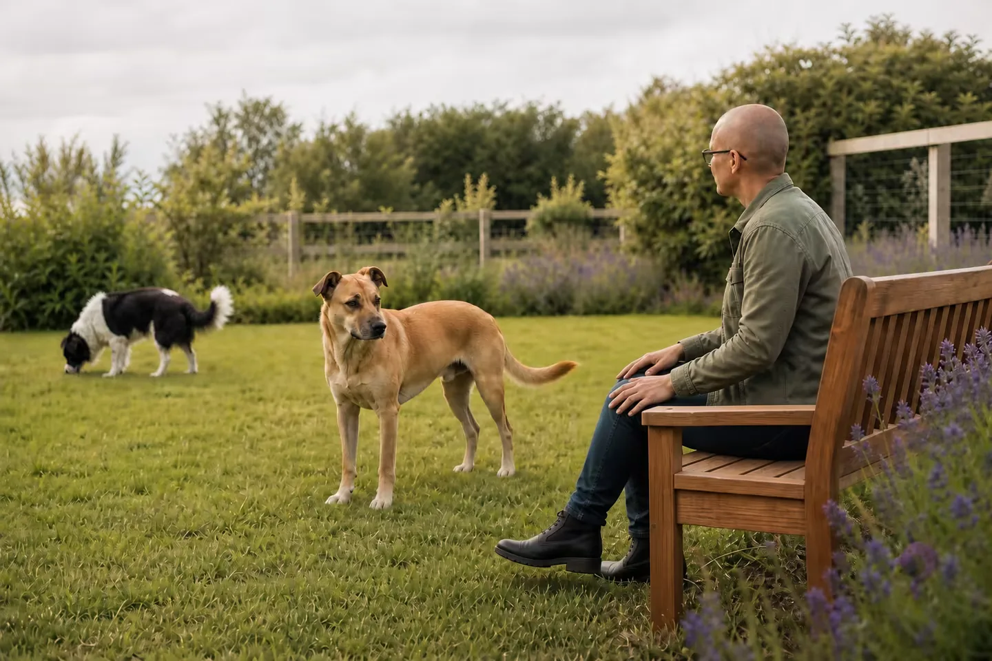 A prospective dog owner calmly observing two different adult dogs in a secure garden