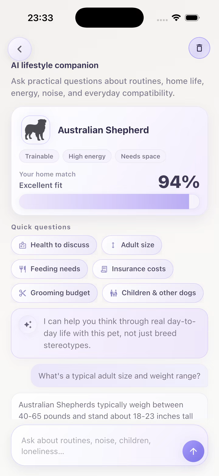 In-app assistant answering a size question about an Australian Shepherd