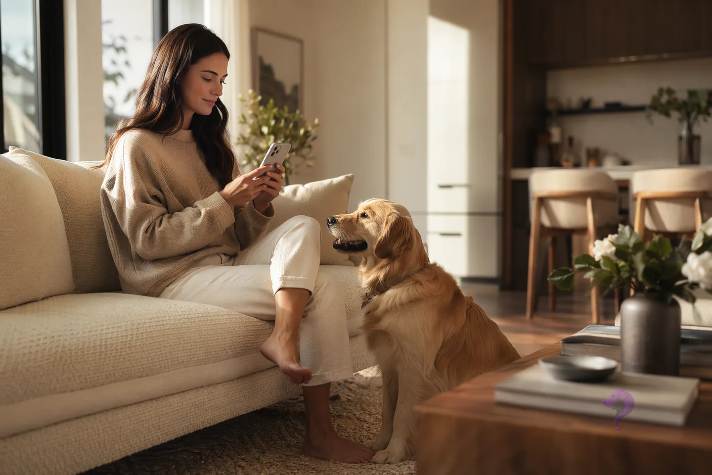 A woman considering pet choices on her phone while a golden retriever waits beside the sofa